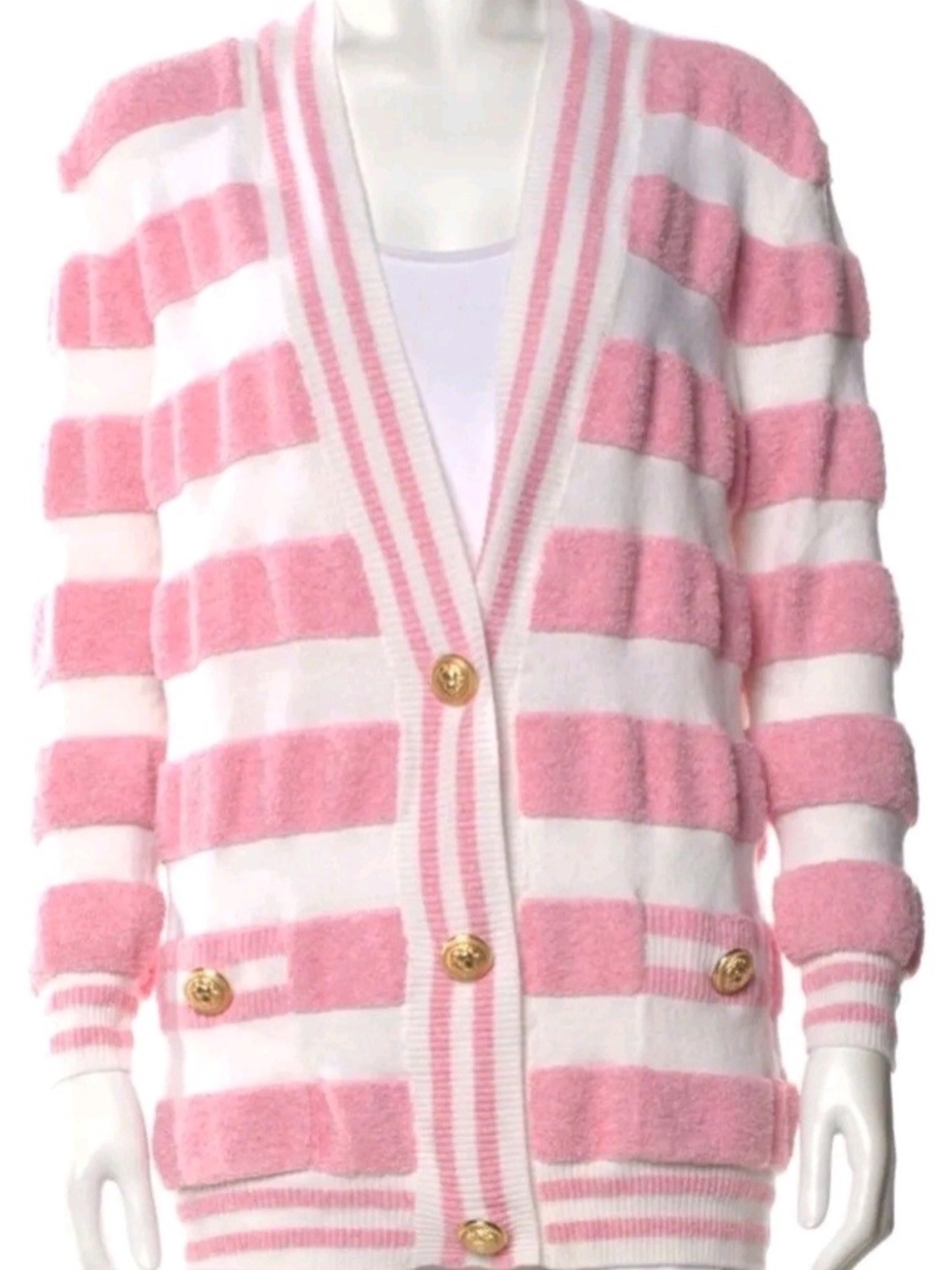 Balmain | Pink And White Striped Knit Cardigan | size is FR 40